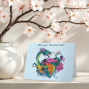 Vibrant Teal Oriental Koi Dragon Lotus Flower Card