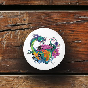 Vibrant Teal Oriental Koi Dragon Lotus Flower Ceramic Knob