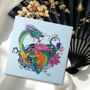 Vibrant Teal Oriental Koi Dragon Lotus Flower Ceramic Tile