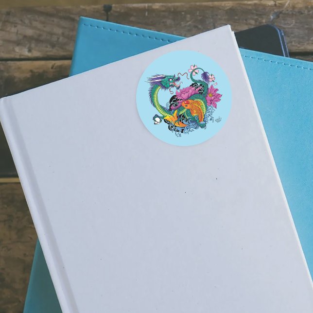 Vibrant Teal Oriental Koi Dragon Lotus Flower Classic Round Sticker (Creator Uploaded)