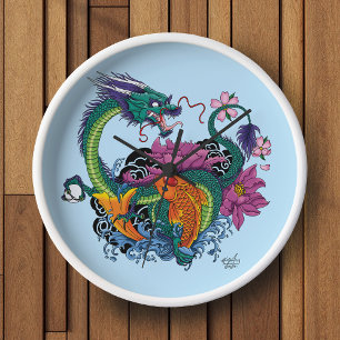 Vibrant Teal Oriental Koi Dragon Lotus Flower Clock