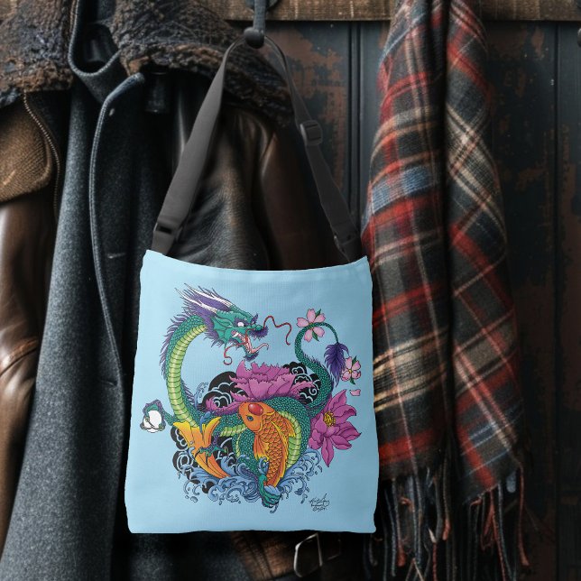 Vibrant Teal Oriental Koi Dragon Lotus Flower Crossbody Bag (Creator Uploaded)