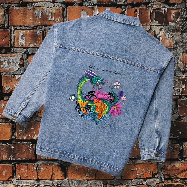 Vibrant Teal Oriental Koi Dragon Lotus Flower Denim Jacket (Creator Uploaded)
