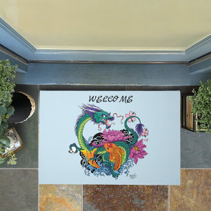 Vibrant Teal Oriental Koi Dragon Lotus Flower Doormat