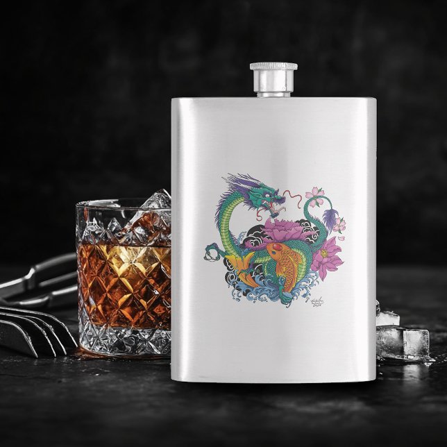 Vibrant Teal Oriental Koi Dragon Lotus Flower Flask (Creator Uploaded)