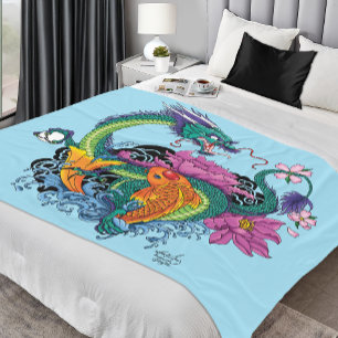 Vibrant Teal Oriental Koi Dragon Lotus Flower Fleece Blanket