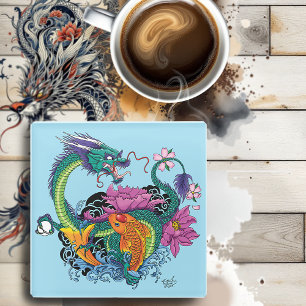 Vibrant Teal Oriental Koi Dragon Lotus Flower Glass Coaster