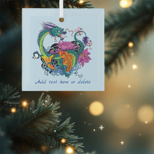 Vibrant Teal Oriental Koi Dragon Lotus Flower Glass Ornament