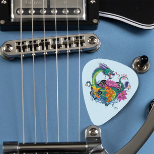 Vibrant Teal Oriental Koi Dragon Lotus Flower Guitar Pick