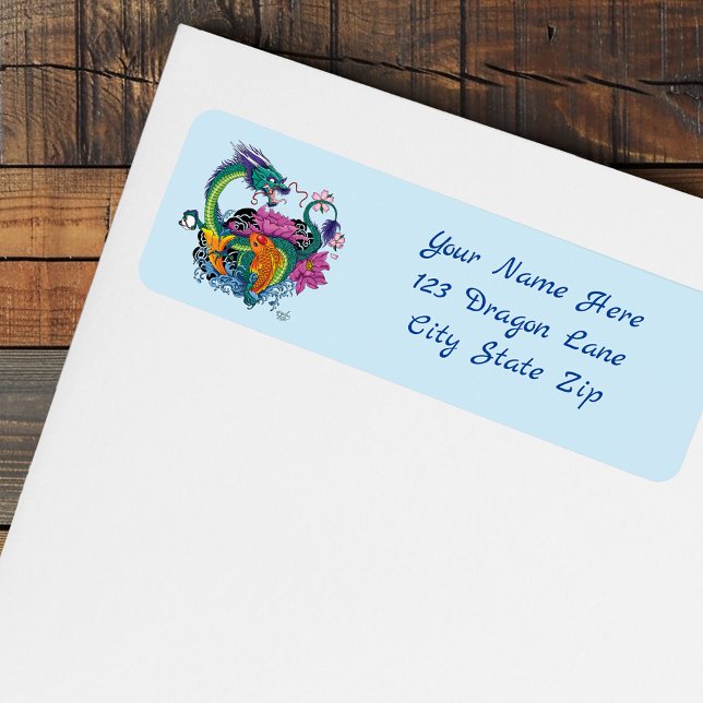Vibrant Teal Oriental Koi Dragon Lotus Flower Label (Creator Uploaded)