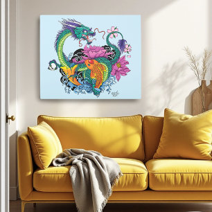 Vibrant Teal Oriental Koi Dragon Lotus Flower Metal Print