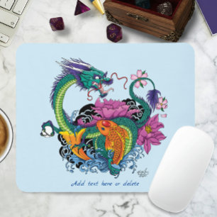 Vibrant Teal Oriental Koi Dragon Lotus Flower Mouse Pad