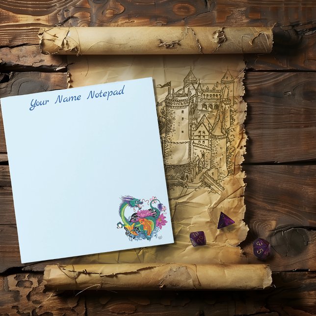 Vibrant Teal Oriental Koi Dragon Lotus Flower Notepad (Creator Uploaded)