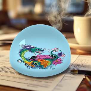 Vibrant Teal Oriental Koi Dragon Lotus Flower Paperweight