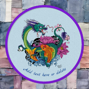 Vibrant Teal Oriental Koi Dragon Lotus Flower Patch