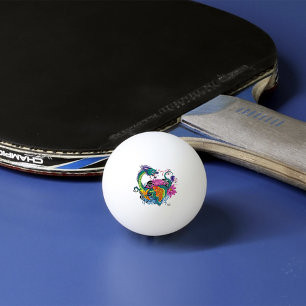 Vibrant Teal Oriental Koi Dragon Lotus Flower Ping Pong Ball