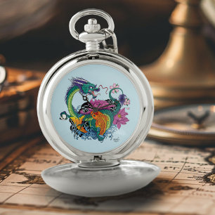 Vibrant Teal Oriental Koi Dragon Lotus Flower Pocket Watch