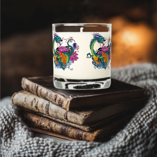 Vibrant Teal Oriental Koi Dragon Lotus Flower Scented Candle