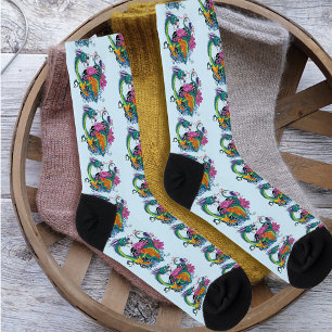 Vibrant Teal Oriental Koi Dragon Lotus Flower Socks
