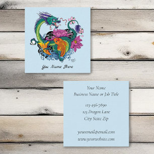 Vibrant Teal Oriental Koi Dragon Lotus Flower Square Business Card