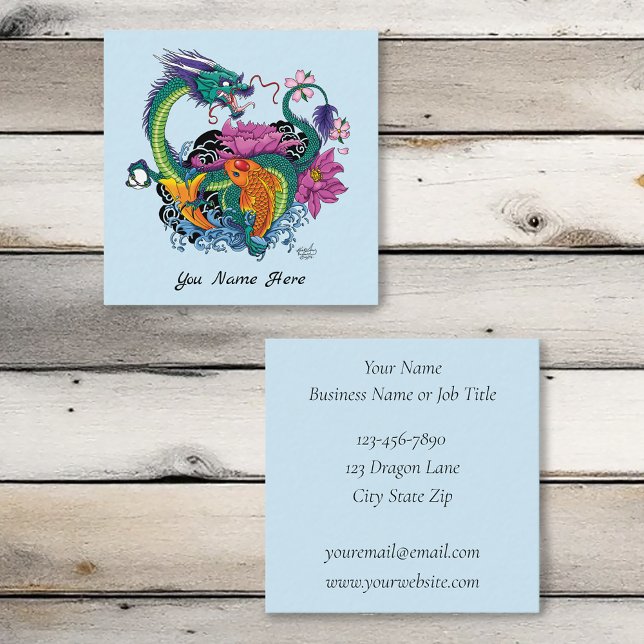 Vibrant Teal Oriental Koi Dragon Lotus Flower Square Business Card (Creator Uploaded)