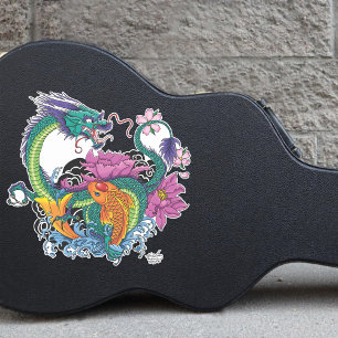 Vibrant Teal Oriental Koi Dragon Lotus Flower Sticker