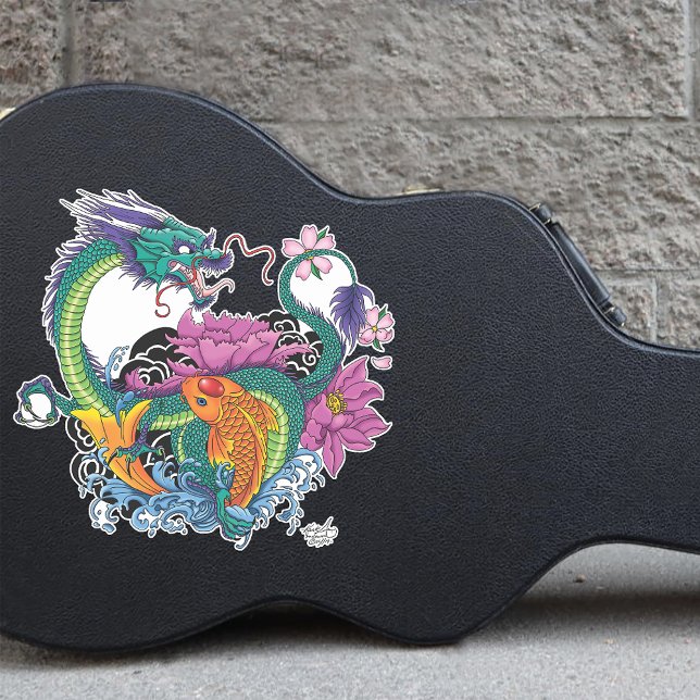 Vibrant Teal Oriental Koi Dragon Lotus Flower Sticker (Creator Uploaded)