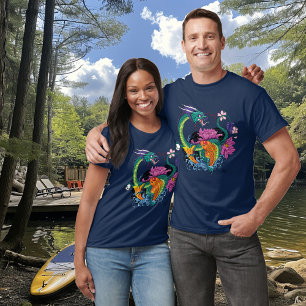 Vibrant Teal Oriental Koi Dragon Lotus Flower T-Shirt