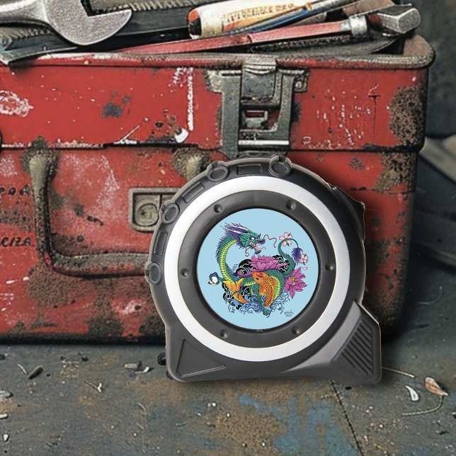 Vibrant Teal Oriental Koi Dragon Lotus Flower Tape Measure (Creator Uploaded)