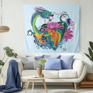 Vibrant Teal Oriental Koi Dragon Lotus Flower Tapestry