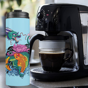 Vibrant Teal Oriental Koi Dragon Lotus Flower Thermal Tumbler