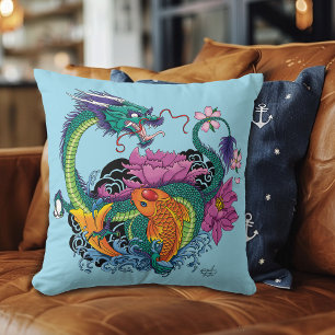 Vibrant Teal Oriental Koi Dragon Lotus Flower Throw Pillow