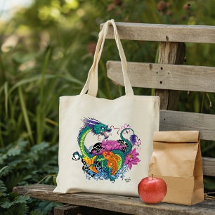 Vibrant Teal Oriental Koi Dragon Lotus Flower Tote Bag