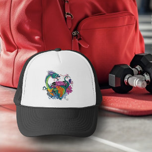Vibrant Teal Oriental Koi Dragon Lotus Flower Trucker Hat