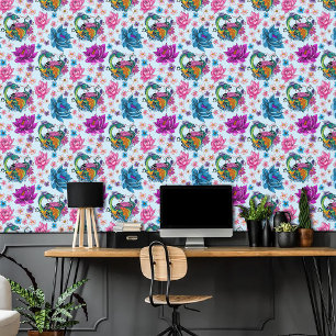 Vibrant Teal Oriental Koi Dragon Lotus Flower Wallpaper