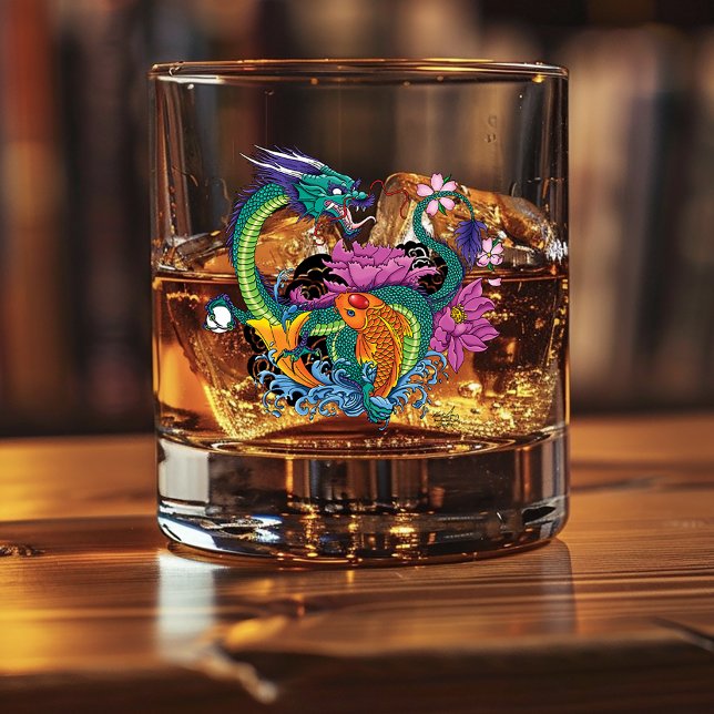 Vibrant Teal Oriental Koi Dragon Lotus Flower Whiskey Glass (Creator Uploaded)