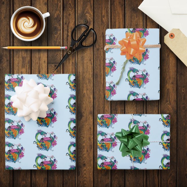 Vibrant Teal Oriental Koi Dragon Lotus Flower Wrapping Paper Sheets (Creator Uploaded)