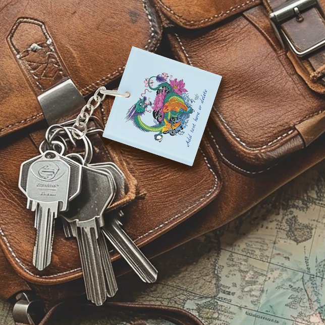 Vibrant Teal Oriental Koi Dragon Lotus  QR code Keychain (Creator Uploaded)