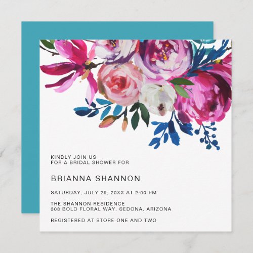 Vibrant Teal Pink Bright Floral Bridal Shower Invitation