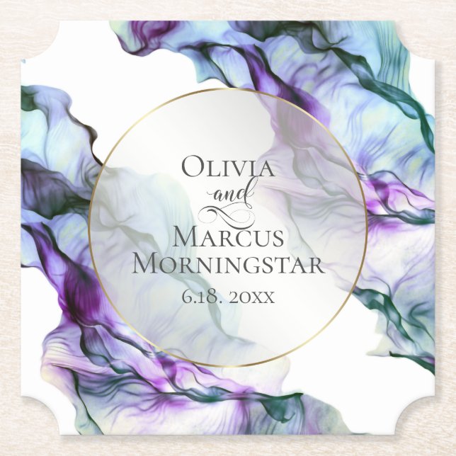 Vibrant Teal Purple Abstract Watercolor Ink Paper Coaster (Front)