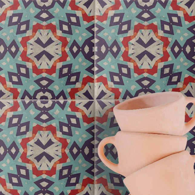 Vibrant Teal Red Beige Geometric Pattern Ceramic Tile (Creator Uploaded)