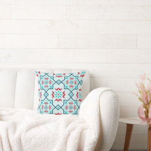 Vibrant Teal & Red Talavera Mexican Tile Pattern Throw Pillow