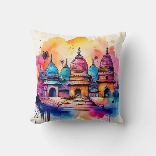 Vibrant Temple Architecture - Watercolour Art Throw Pillow (Front)