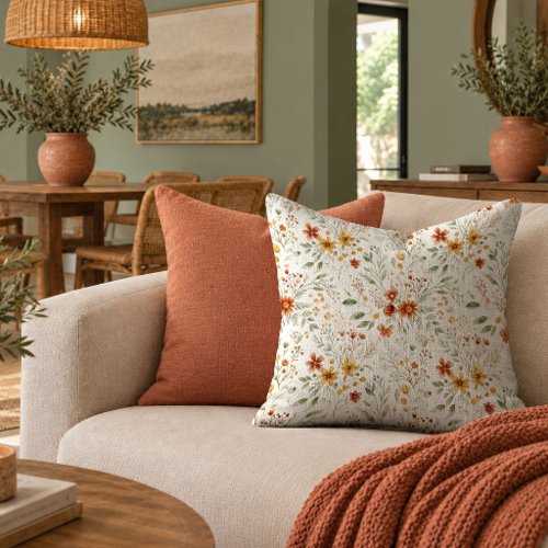 Vibrant Terracotta Sage Boho Floral Throw Pillow