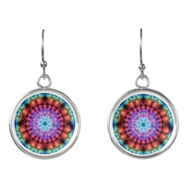 Vibrant Tie Dye Kaleidoscope Rainbow Mandala Earrings (Front)