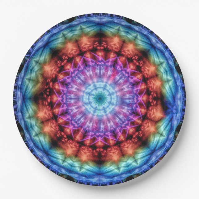 Vibrant Tie Dye Kaleidoscope Rainbow Mandala Paper Plates (Front)