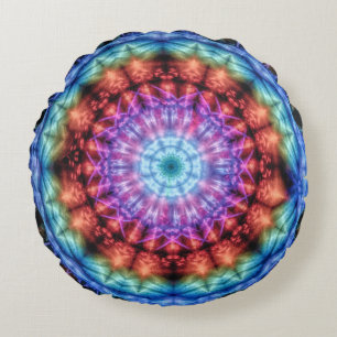 Vibrant Tie Dye Kaleidoscope Rainbow Mandala Round Pillow