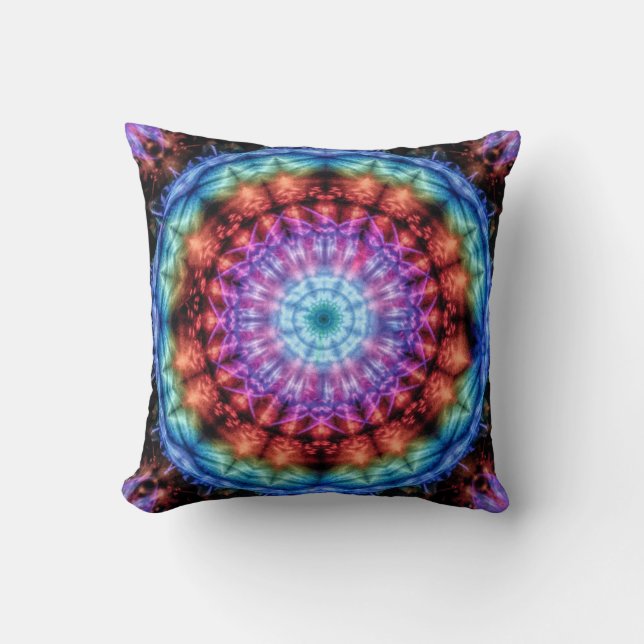 Vibrant Tie Dye Kaleidoscope Rainbow Mandala Throw Pillow (Front)
