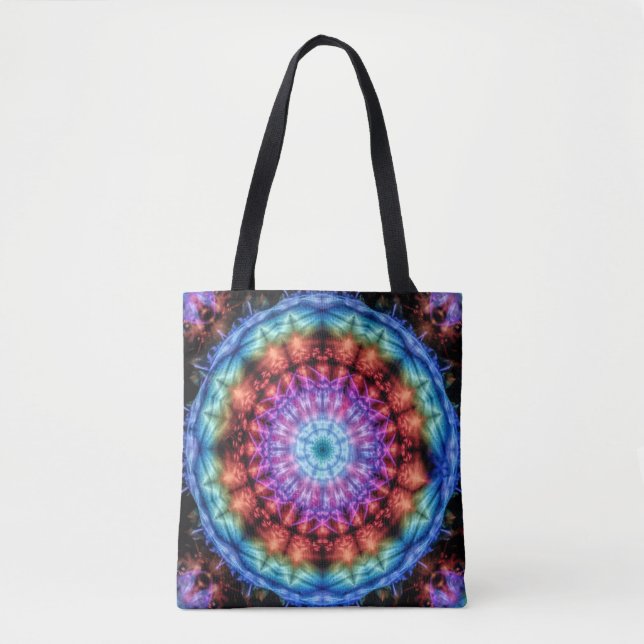 Vibrant Tie Dye Kaleidoscope Rainbow Mandala Tote Bag (Front)