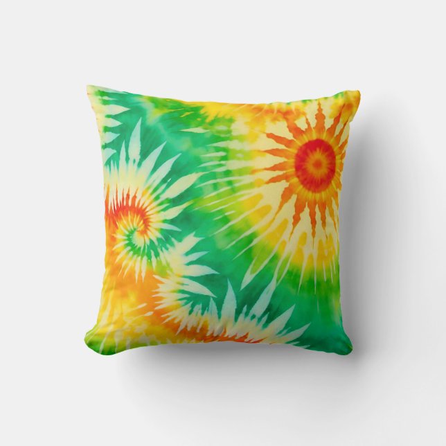 Vibrant Tie Dye Spiral Pattern Boho Orange Green Throw Pillow (Front)